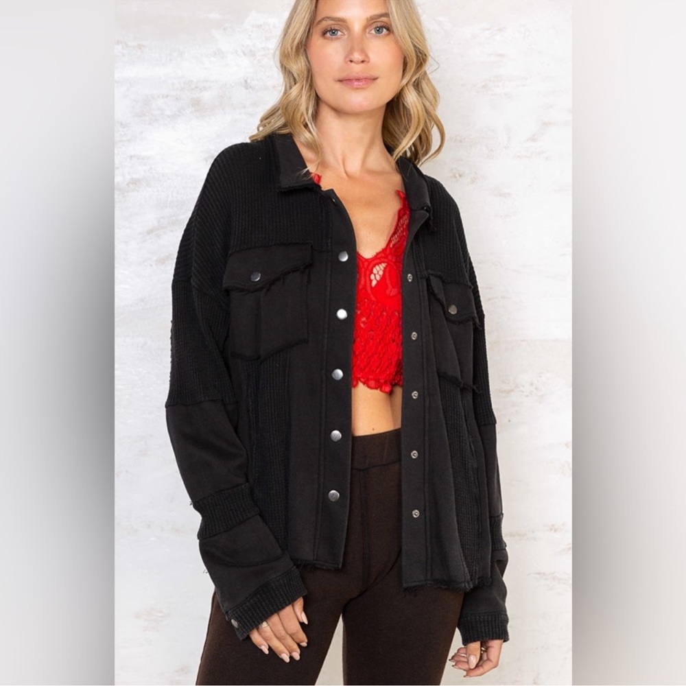 Pol Black Button Down Shirt Snap Button Front Poc… - image 2